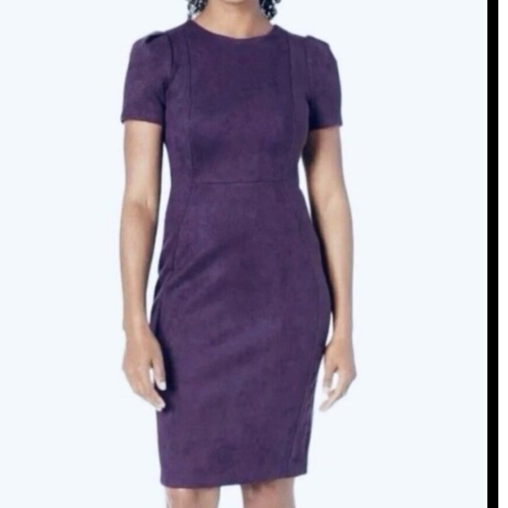 Calvin Klein Plum Purple Faux Suede Puff Sleeve Sheath Dress Size 6